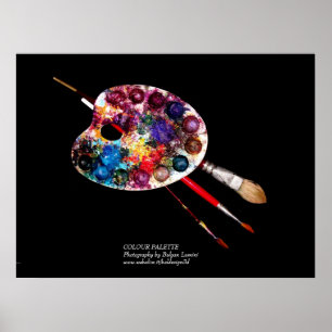 PÓSTER PALETA DE COLOR DEL ARTISTA Y PINCELAS EN NEGRO