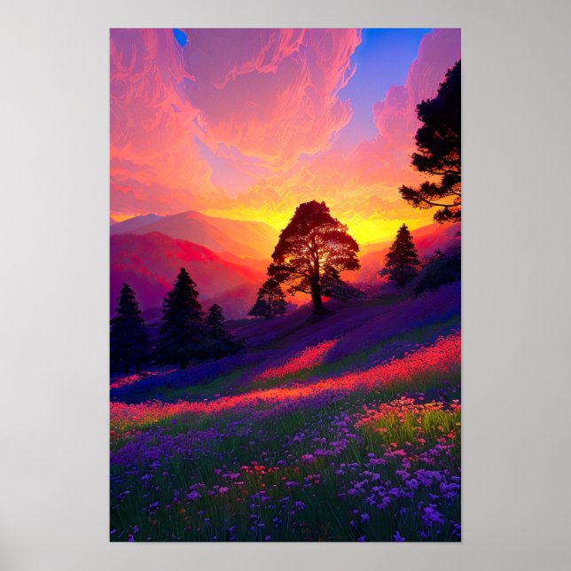 Póster Paleta de Crepúsculo, Colina con flores florecient (Frente)