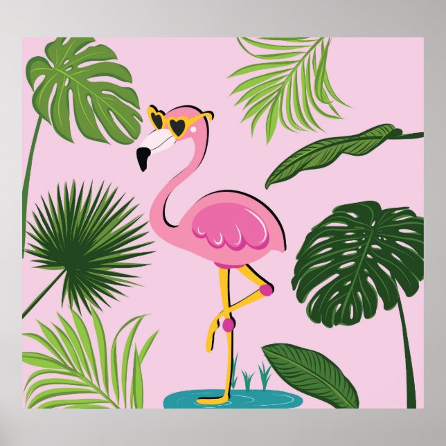 Póster Palm Flamingo deja diseño tropical (Frente)