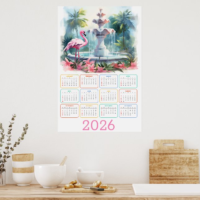 Póster Palm Garden Serenity: 2026 Flamingo Calendar (Cocina)
