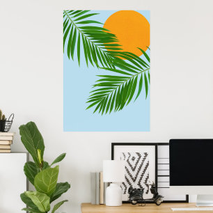 Póster Palm Retro Tropical Palm hojas azul mínimo