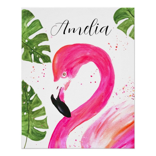 Póster Palm rosa Flamingo tropical deja pájaro de arte ve (Anverso)