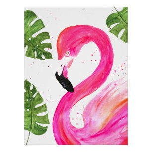 Póster Palm rosa Flamingo tropical deja pájaro de arte ve