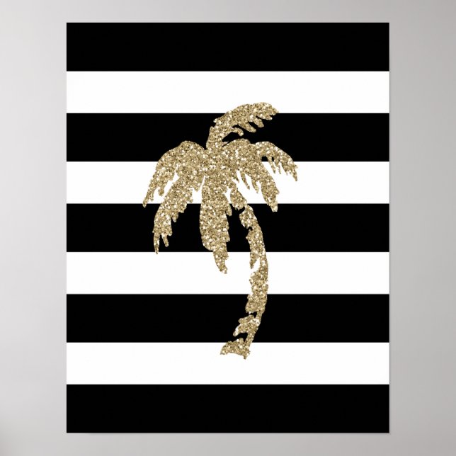 Póster Palm Tree Purpurina de oro, Poster de franja blanc (Frente)