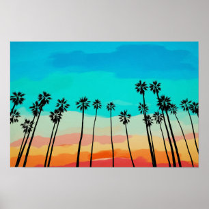 Póster Palm Tree Rainbow Sunset Watercolor