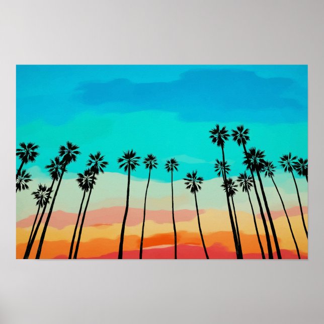 Póster Palm Tree Rainbow Sunset Watercolor (Frente)