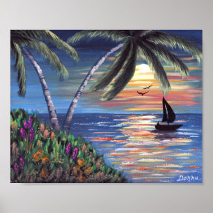 Póster Palm Trees Sunset Ocean Painting