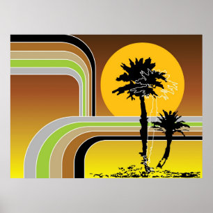 Póster Palm Trees Tropical Retro Beach Sunset Stripes Mod