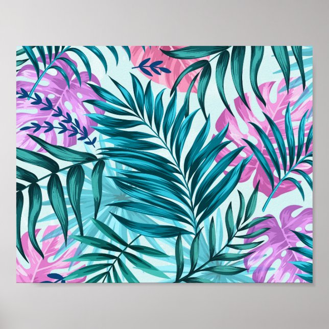Póster Palm tropical rosa y Verde azulada y hojas de mons (Frente)
