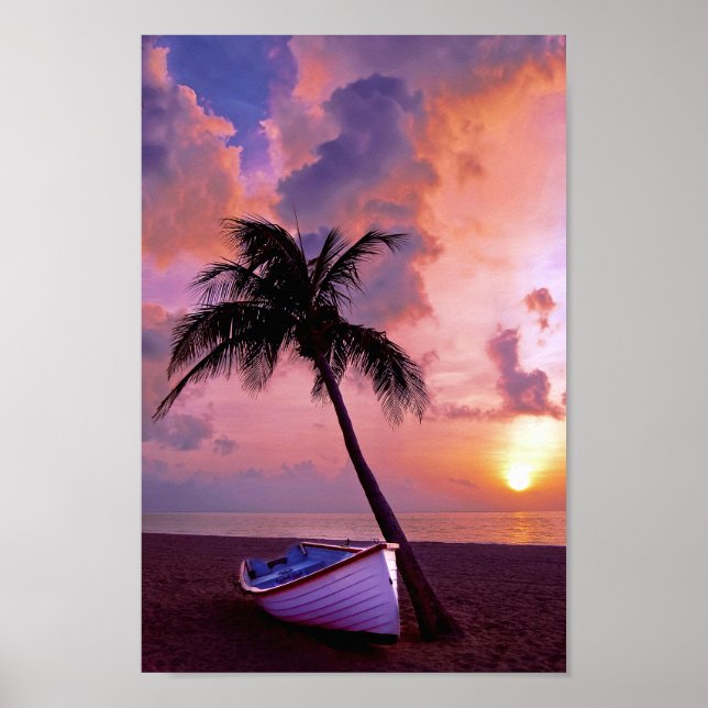 Póster Palm Tropical Sunset Beach Boat (Frente)