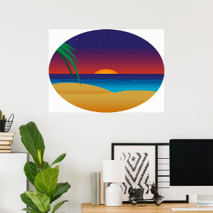 Póster Palm Tropical Sunset Beach deja olas oceánicas