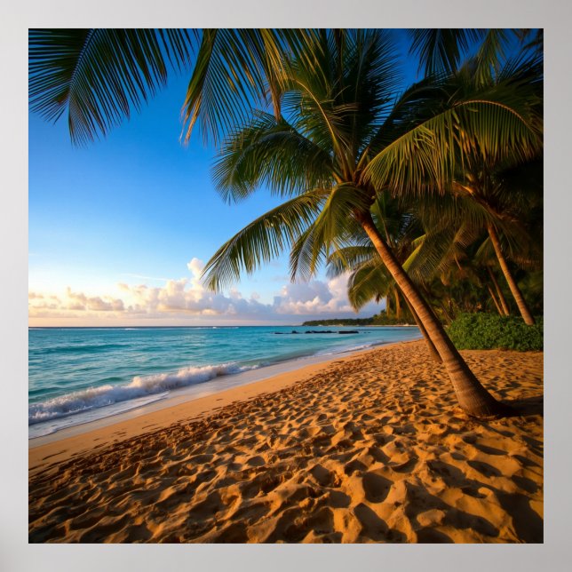 Póster Palmares puesta de sol en la playa tropical (Frente)