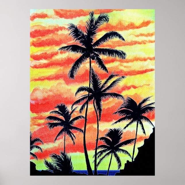 Póster Palmas de Coco Sunset de Hawái (Frente)