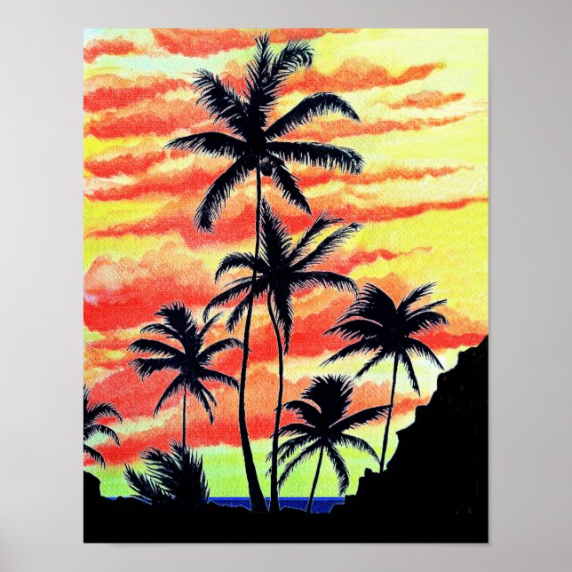 Póster Palmas de Coco Sunset de Hawái (Frente)