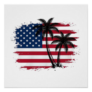 Póster Palmera Bandera Americana Arte Vectorial Playa Pat
