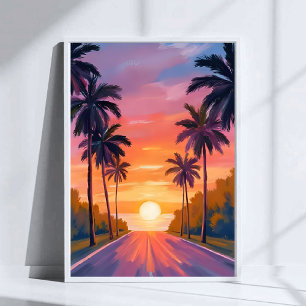 Póster Palmera Tropical de la Puesta de Sol de la Playa d