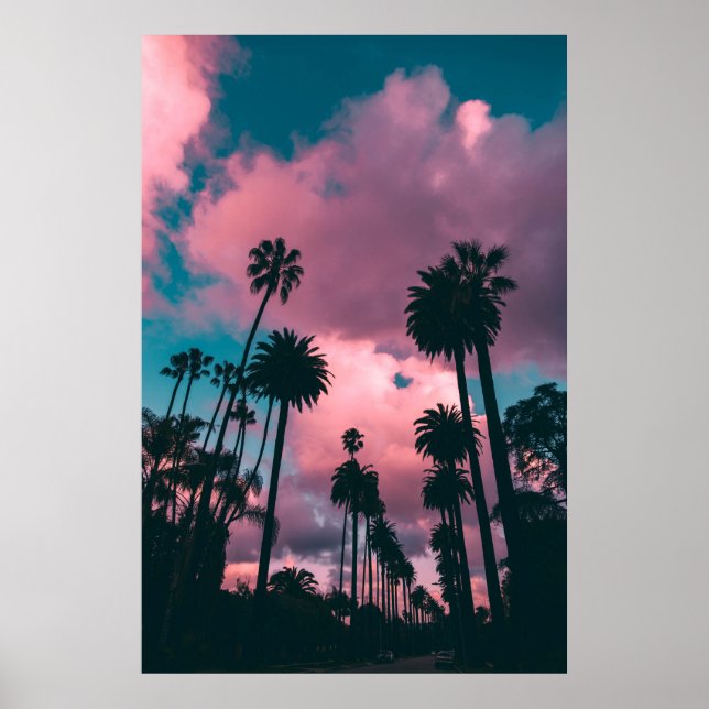 Póster Palmeras Bajo El Cielo Rosa Y Azul De California,  (Frente)