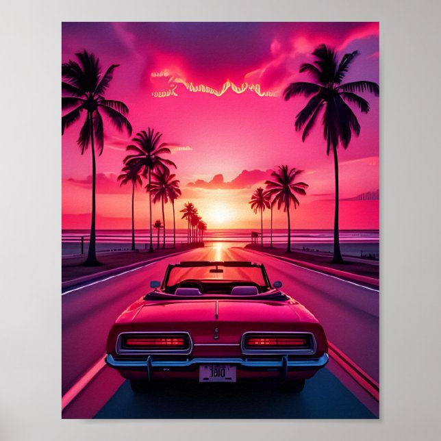 Póster Palmeras de coche cúrcuma Playa Vista Rosa Verano (Frente)