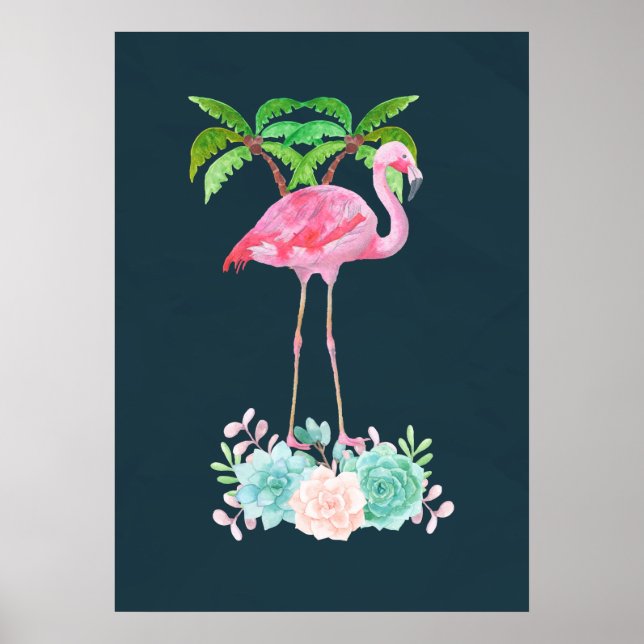 Póster Palmeras de Flamingo Rosa y Suculentos Florales (Frente)