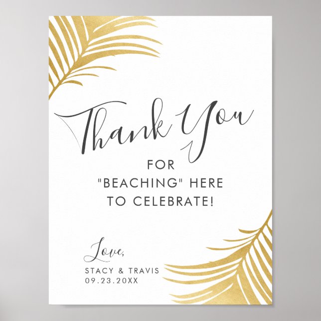 Póster Palmeras de Oro Gracias Rótulo De Bodas De Playa (Frente)