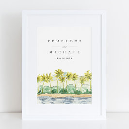 Póster Palmeras de Playa Boda Acuarela Tropical