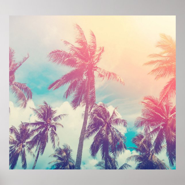 Póster Palmeras de silueta, abstracto de puesta de sol. (Frente)