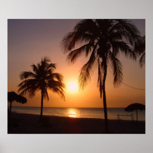 Póster Palmeras en la puesta del sol