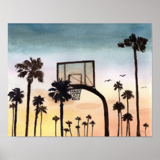 Póster Palmeras tropicales con aro de baloncesto
