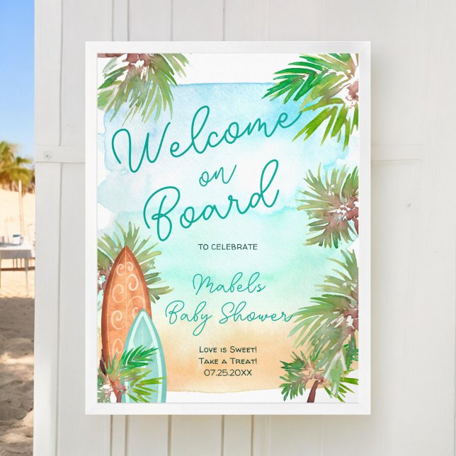 Póster Palmeras tropicales de playa bebé en la ducha a bo (Tropical palm trees beach baby on board shower poster)