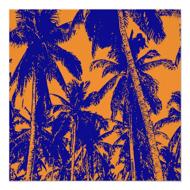 Póster Palmeras tropicales en azul y Naranja (Anverso)