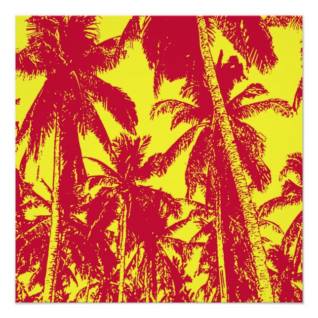 Póster Palmeras tropicales en rojo y amarillo (Anverso)