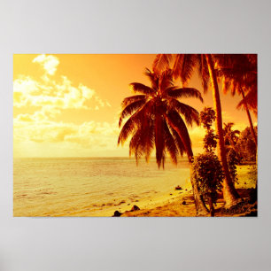 Póster Palmeras tropicales en una playa al atardecer post