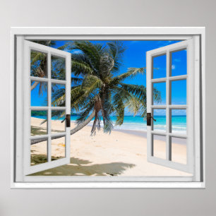 Póster Palmeras Tropicales y Vista de Ventana Falsa al Oc