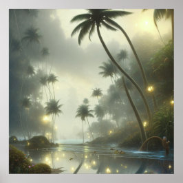 Póster Palmeras y niebla del océano día brumoso