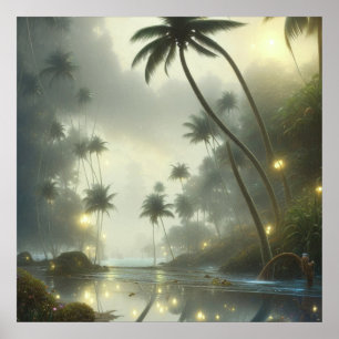Póster Palmeras y niebla del océano día brumoso