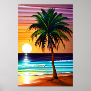 Póster Palmeras y puesta de sol colorida