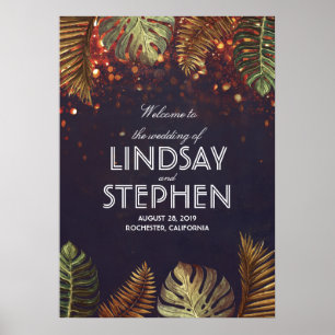 Póster Palmeras y String Lights Beach Wedding Signo de bi