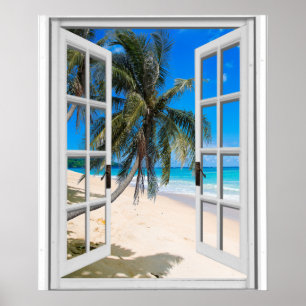 Póster Palmeras y vista al océano Ventana falsa
