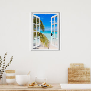 Póster Palmeras y vista de playa en ventana artificial