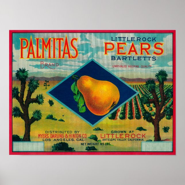 Póster Palmitas Pear Crate LabelAntelope Valley, CA (Frente)