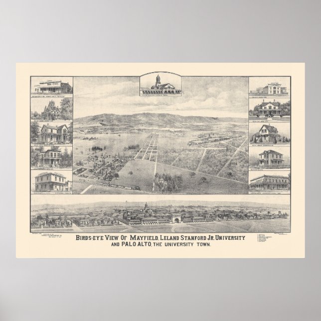 Póster Palo Alto, CA. Mapa panorámico 1888 (1658A) (Frente)