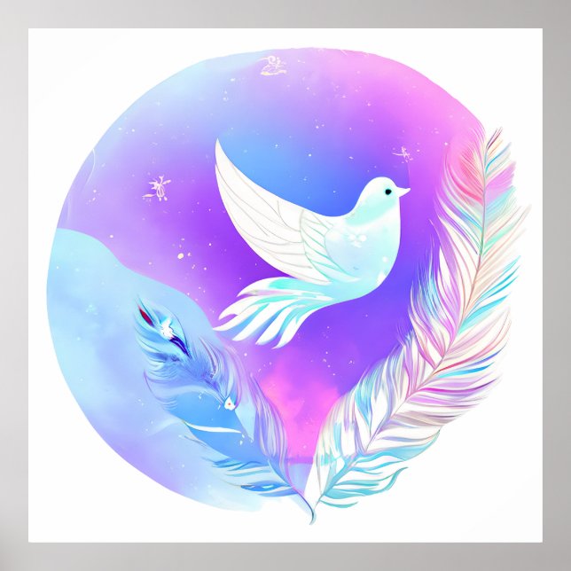 Póster Paloma blanca con plumas rosas y azules (Frente)