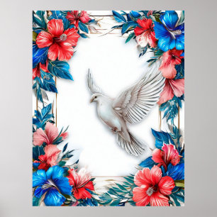 Póster Paloma blanca en marco azul ornamentado