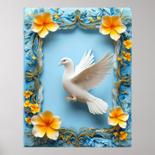 Póster Paloma blanca en marco azul ornamentado