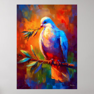 Póster Paloma de la Paz Impresionista Colorida con Rama d