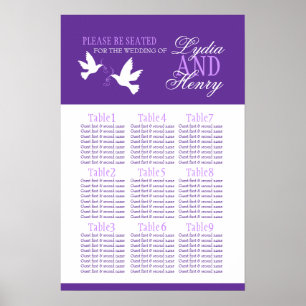 Póster palomas blancas boda púrpura mesa plan 1-9