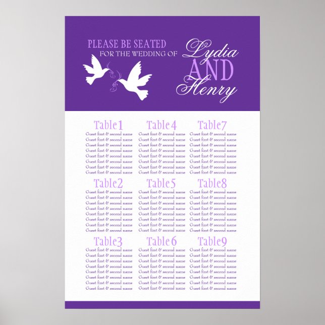 Póster palomas blancas boda púrpura mesa plan 1-9 (Frente)