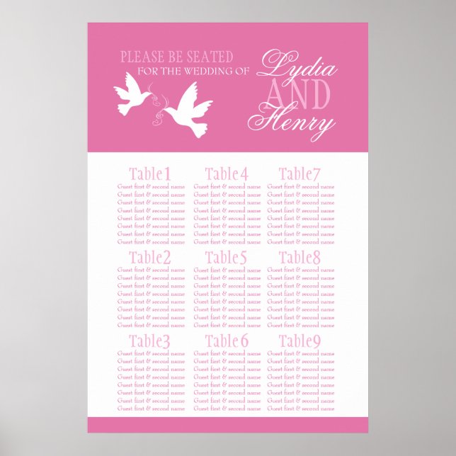 Póster Palomas blancas boda rosa de la mesa de asiento pl (Frente)