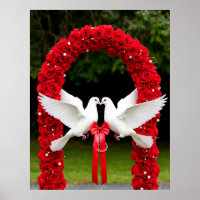 Palomas blancas con cinta roja en arco de rosas