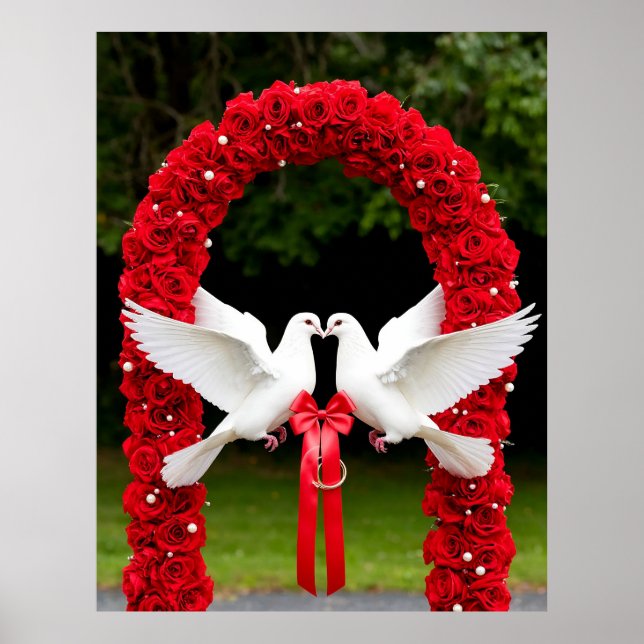 Póster Palomas blancas con cinta roja en arco de rosas (Frente)